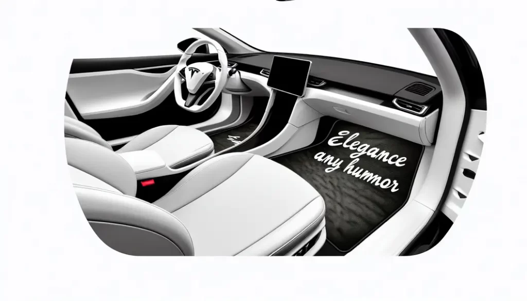 A Tesla Model Y with different car mats displayed in front, showcasing their features.